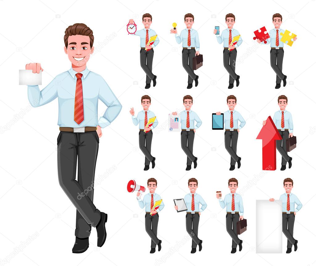 Successful business man, set of thirteen poses. Handsome businessman in business clothes. Cheerful cartoon character. Vector illustration