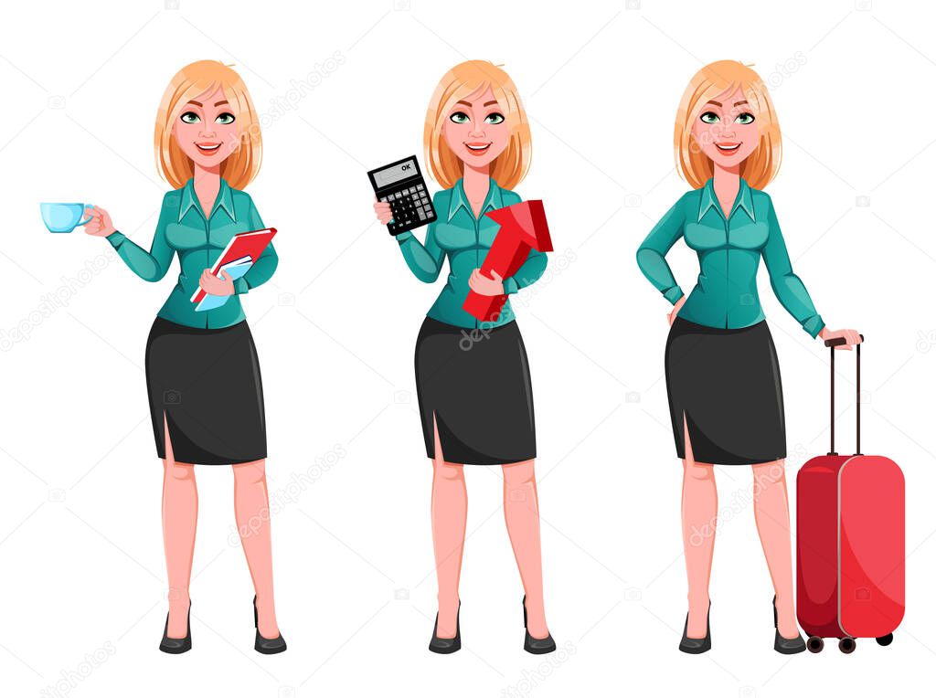 Young successful business woman, set of three poses. Blond businesswoman cartoon character. Vector illustration on white background