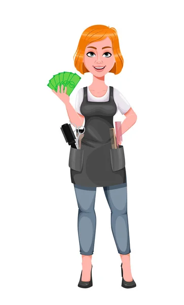 美しい赤毛の女の子の美容師はお金を保持します かわいい女床屋さん 女性のヘアスタイリスト漫画のキャラクター ベクターイラスト — ストックベクタ