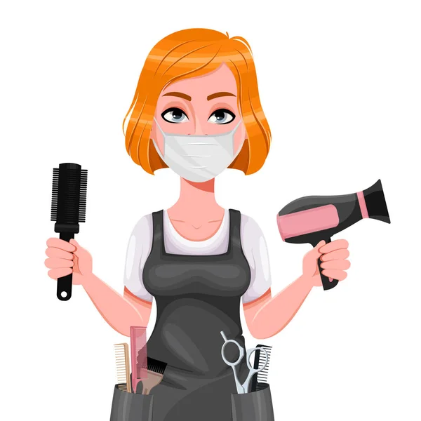 Beautiful Redhead Girl Hairdresser Holds Hair Dryer Cute Woman Barber — Stock Vector