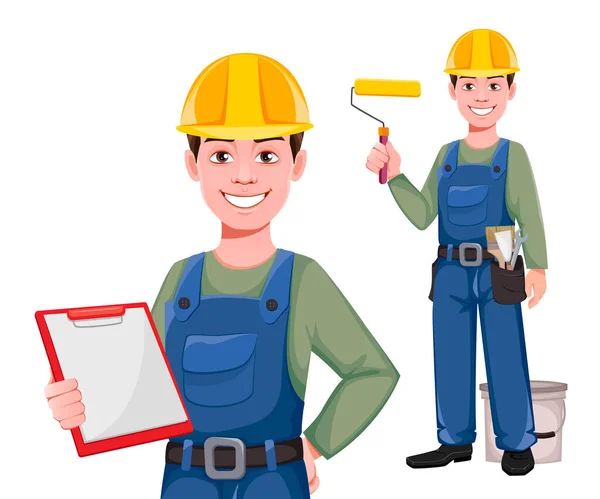 Construtor Personagem Desenho Animado Conjunto Duas Poses Jovem Trabalhador Construção — Vetor de Stock