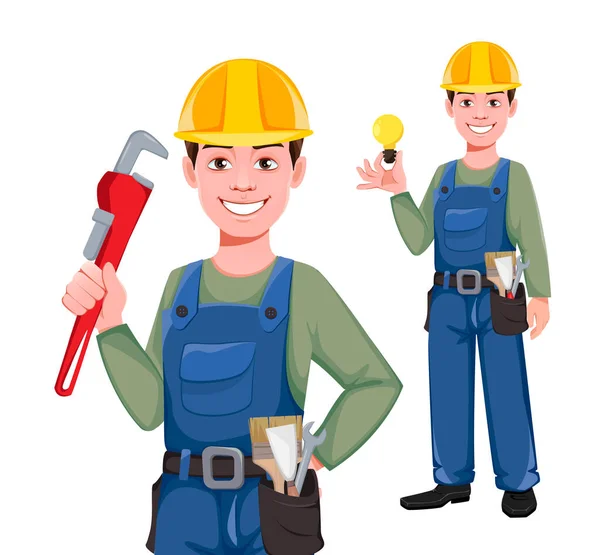 Builder Personaje Dibujos Animados Conjunto Dos Poses Joven Trabajador Construcción — Archivo Imágenes Vectoriales