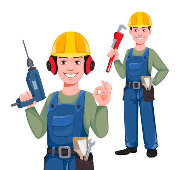 Builder Cartoon Figur Set Von Zwei Positionen Junger Bauarbeiter Harter — Stockvektor