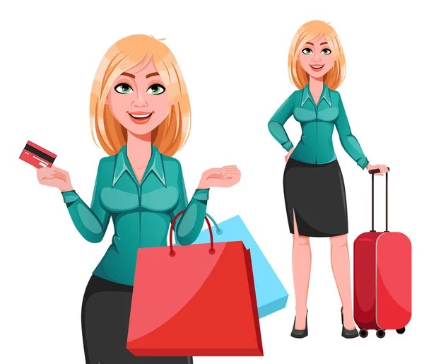 Joven Mujer Negocios Exitosa Conjunto Dos Poses Rubia Empresaria Personaje — Vector de stock