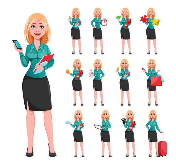 Junge Erfolgreiche Geschäftsfrau Dreizehn Posen Schöne Blonde Geschäftsfrau Zeichentrickfigur Vektorillustration — Stockvektor