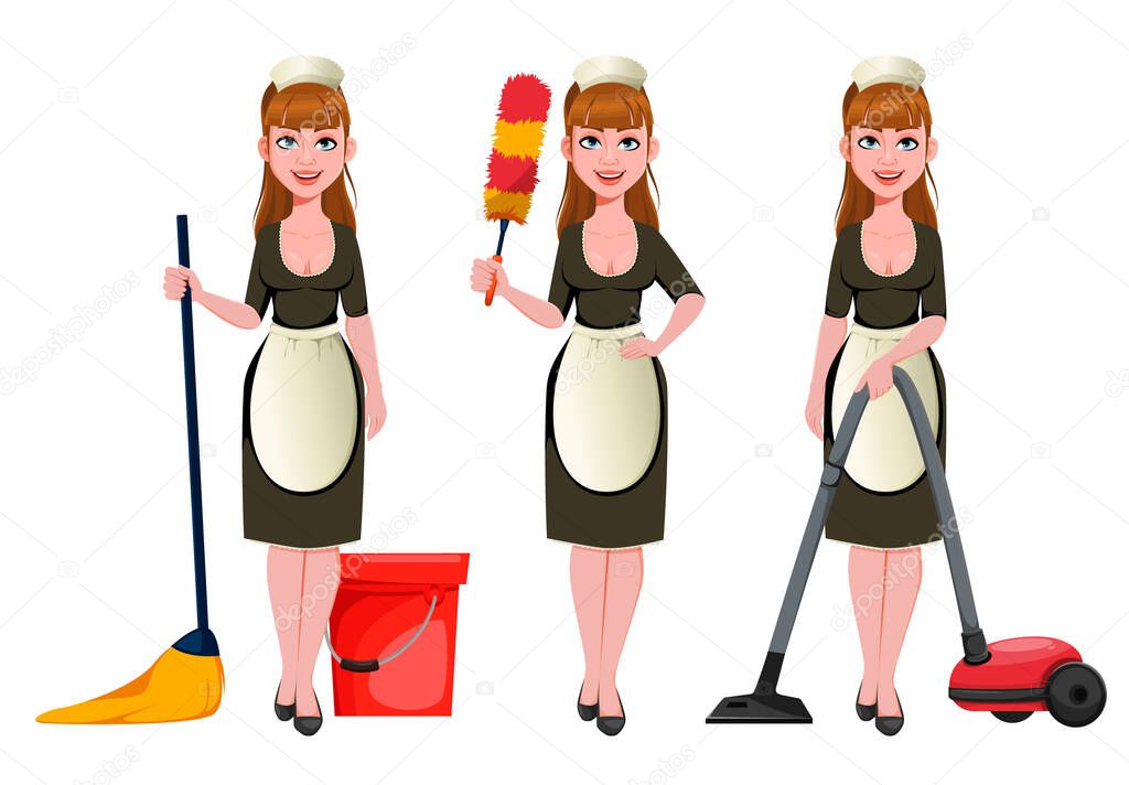 Maid, cleaning lady, smiling cleaning woman, set of three poses. Cheerful housemaid cartoon character mops floor, holds dust brush and vacuums. Vector illustration