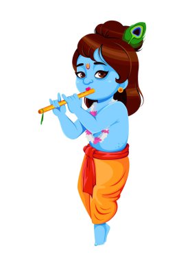 Mutlu Krishna Janmashtami. Tanrı Krishna ve flüt. Hindistan 'ın Janmashtami festivali kutlu olsun. Beyaz arkaplanda vektör illüstrasyonu