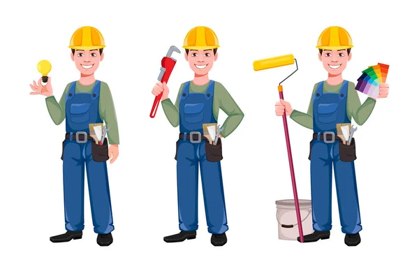 Builder Cartoon Figur Set Von Drei Positionen Junger Bauarbeiter Mit — Stockvektor