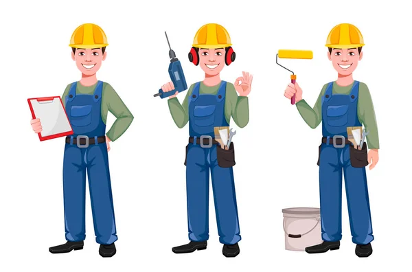 漫画のキャラクターを構築し 3つのポーズのセット ハード帽子の若い建設労働者はクリップボードを保持し ドリルを保持し ペイントローラーを保持します ベクターイラスト — ストックベクタ