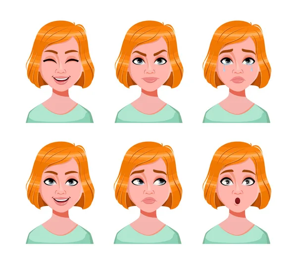 Expressões Faciais Mulher Ruiva Bonito Diferentes Emoções Femininas Personagem Desenho — Vetor de Stock