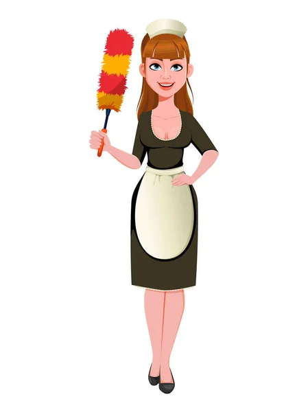 Maid Cleaning Lady Smiling Cleaning Woman Holds Dust Brush Cheerful — Stock Vector