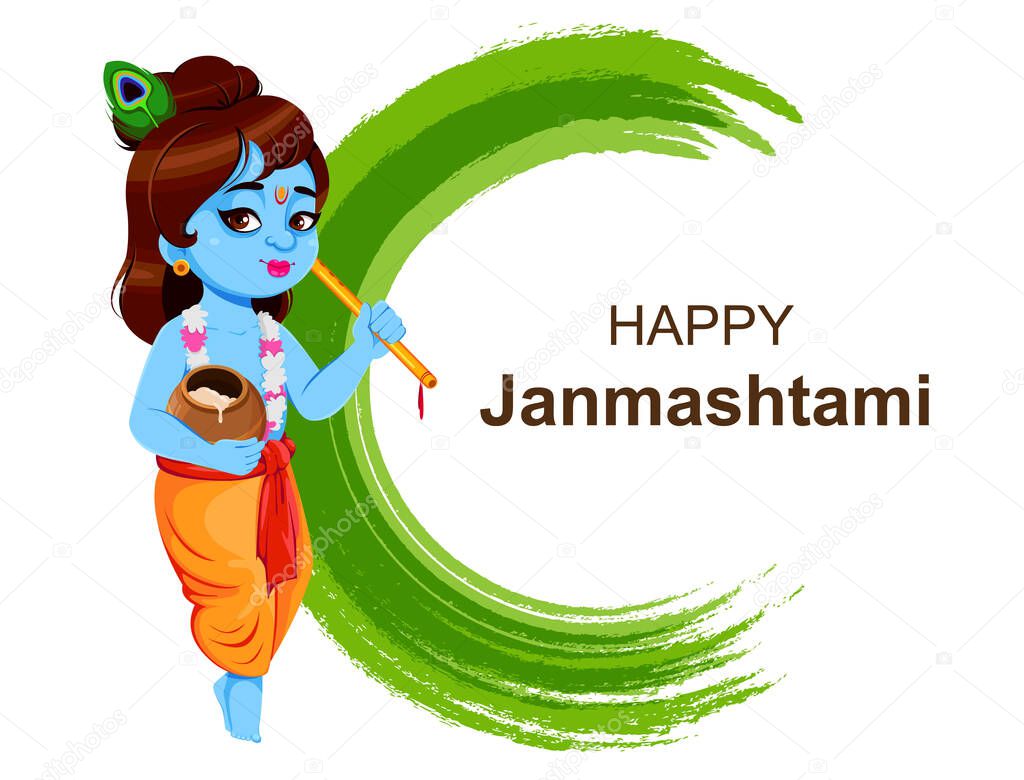 Happy Krishna Janmashtami, set of three poses. Lord Krishna with flute and pot. Happy Janmashtami festival of India. Vector illustration isolated on abstract background