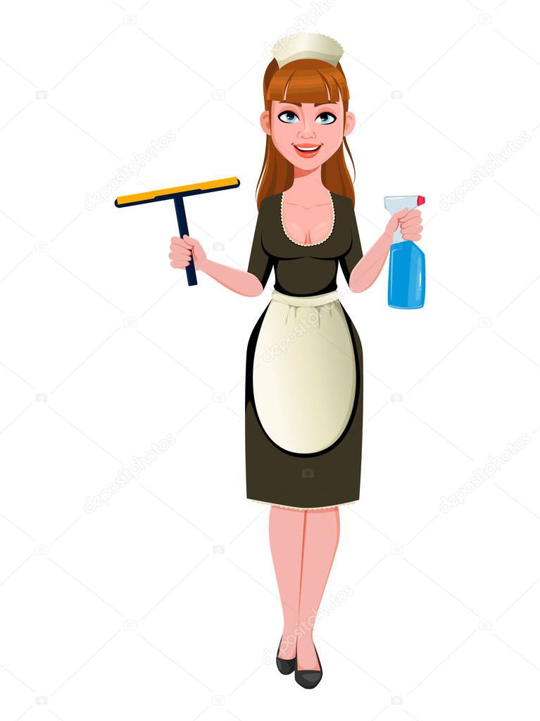 Maid, cleaning lady, smiling cleaning woman. Cheerful housemaid cartoon character. Vector illustration on white background