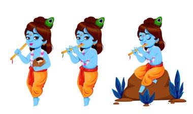 Mutlu Krishna Janmashtami, üç poz. Tanrı Krishna ve flüt. Hindistan 'ın Janmashtami festivali kutlu olsun. Vektör illüstrasyonu 