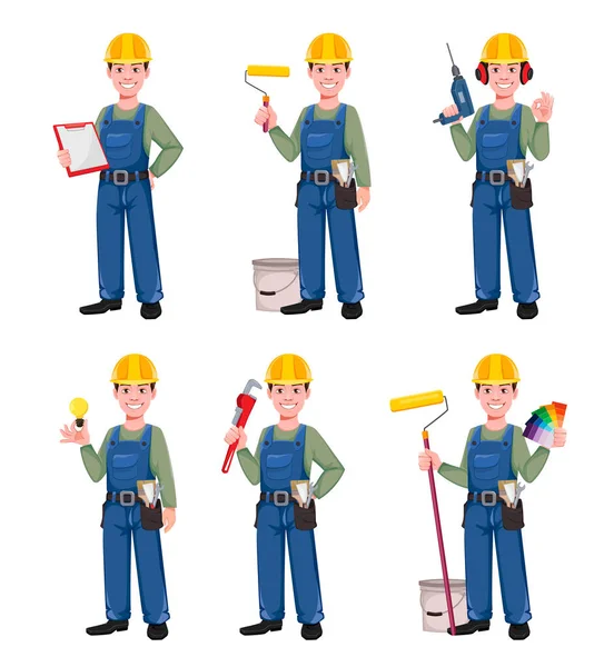 Builder Cartoon Character Set Six Poses Young Construction Worker Hard — Stock Vector