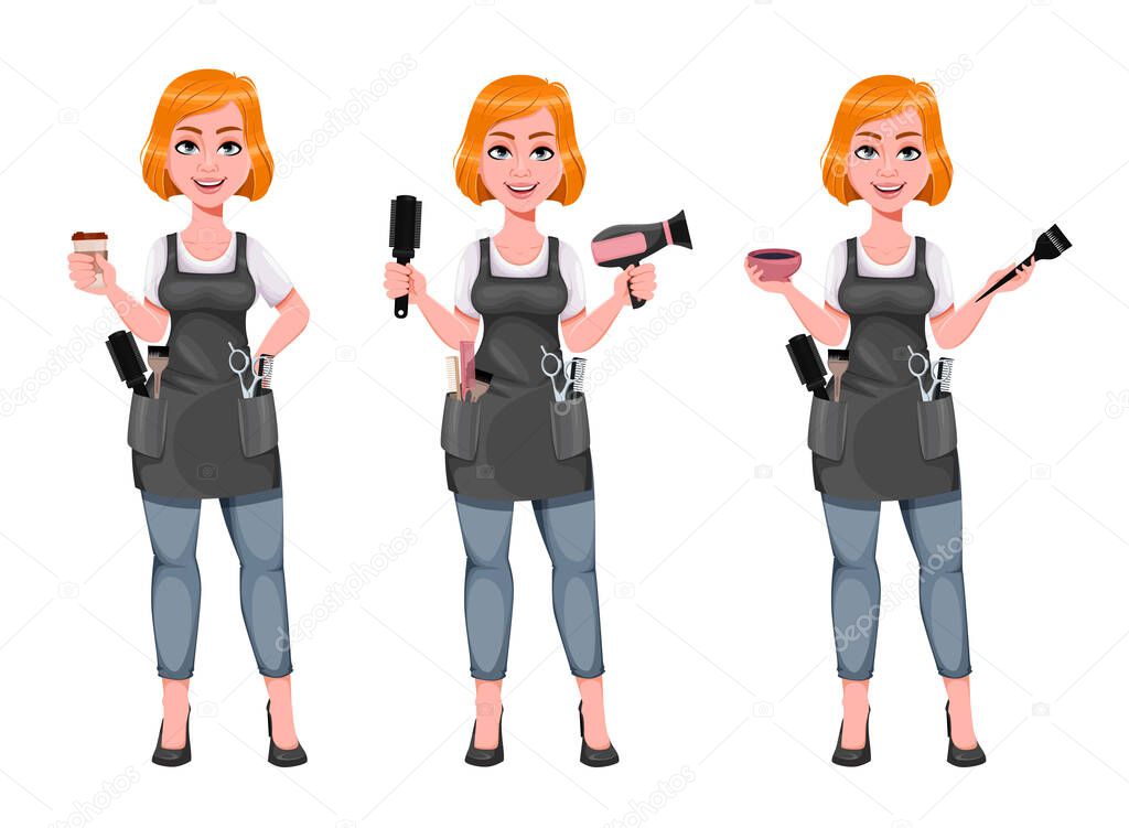 Beautiful redhead girl hairdresser, set of three poses. Cute woman barber holds coffee, holds hair dryer and holds hair dye. Female hairstylist cartoon character. Vector illustration