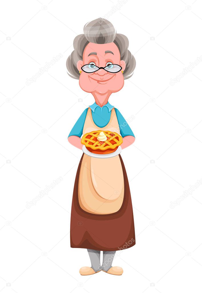 Happy Grandparents day. Kind Granny holding delicious pie. Cute old woman. Cheerful grandmother cartoon character. Vector illustration isolated on white background