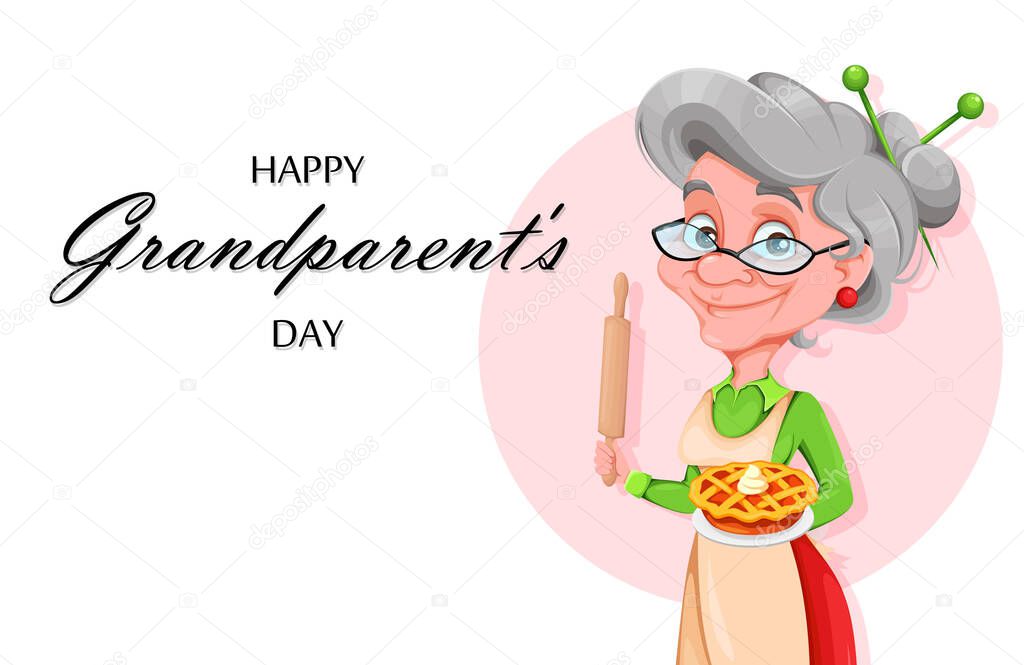 Happy Grandparents day greeting card. Cute smiling old woman. Cheerful grandmother cartoon character. Vector illustration