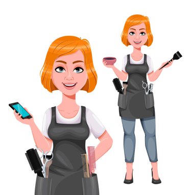 Güzel kızıl saçlı kuaför kız, iki pozu var. Akıllı telefon ve saç boyası tutan sevimli bir kadın berber. Kadın kuaför çizgi film karakteri. Vektör illüstrasyonu