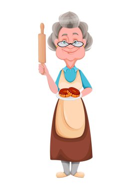 Happy Grandparents day. Kind Granny holding plate with donuts. Cute old woman. Cheerful grandmother cartoon character. Vector illustration isolated on white background clipart
