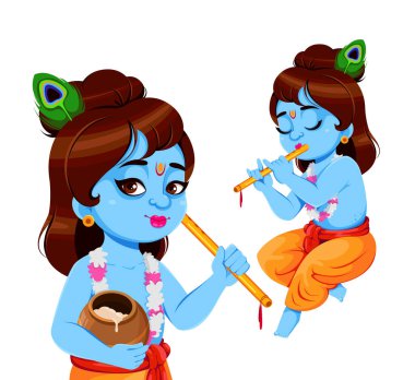 Mutlu Krishna Janmashtami, iki poz. Tanrı Krishna ve flüt. Hindistan 'ın Janmashtami festivali kutlu olsun. Vektör illüstrasyonu 