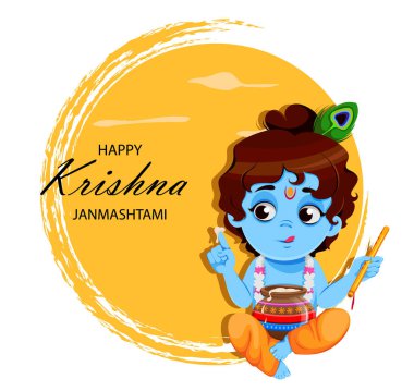 Mutlu Krishna Janmashtami satışları. Küçük Lord Krishna flüt ve esrarlı. Hindistan 'ın Janmashtami festivali kutlu olsun. Soyut sarı arkaplanda vektör illüstrasyonu