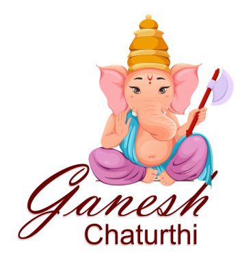 Ganesha-sama, Ganesha Chaturthi bayramı için geleneksel Hint kıyafetleri içindeki Ganpati idolü. Tebrik kartı tasarımı. Vektör illüstrasyonu