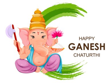 Tanrı Ganesha. Ganesha Chaturthi bayramı için geleneksel Hint kıyafetleri içinde Ganpati idolü olan tebrik kartı. Soyut arkaplanda vektör illüstrasyonu