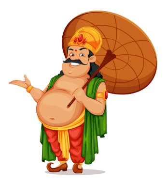 Kerala 'daki Onam Festivali kutlu olsun. Onam kutlaması, geleneksel Hint bayramı. Şemsiyeli Kral Mahabali. Vektör illüstrasyonu beyazda izole edildi