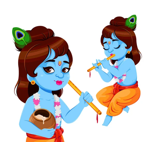 Glad Krishna Janmashtami Två Poser Lord Krishna Med Flöjt Glad — Stock vektor