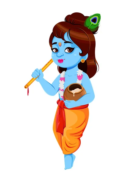 Feliz Krishna Janmashtami Conjunto Três Poses Senhor Krishna Com Flauta —  Vetores de Stock