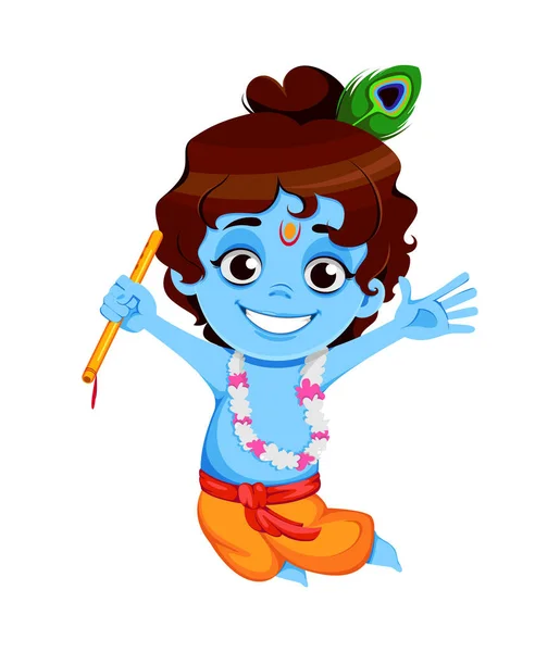 Feliz Venda Krishna Janmashtami Pequeno Lorde Krishna Saltar Com Flauta — Vetor de Stock