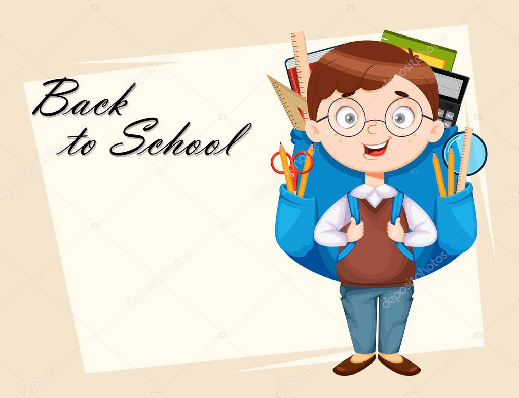 Back to school greeting card. Cute schoolboy with big backpack. Funny boy cartoon character. Vector illustration
