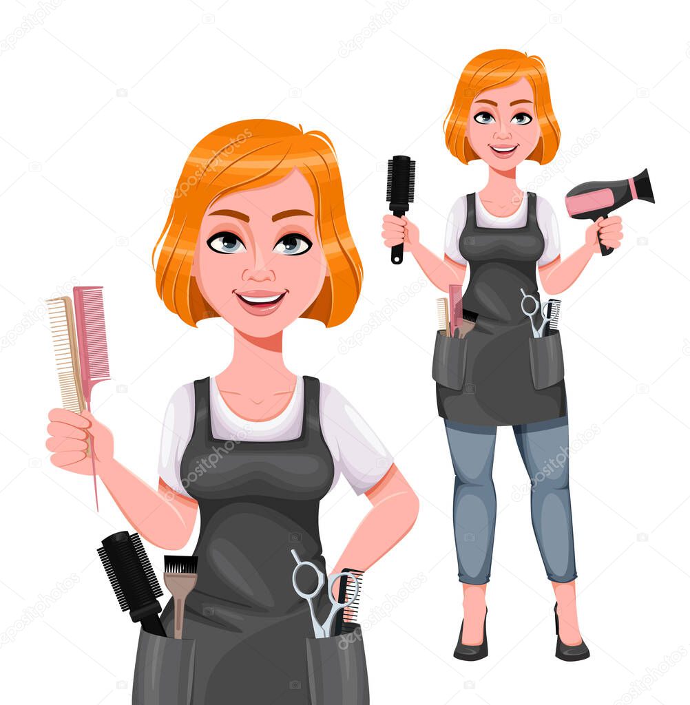 Beautiful redhead girl hairdresser, set of two poses. Cute woman barber. Female hairstylist cartoon character. Vector illustration on white background