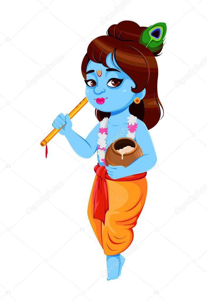 Happy Krishna Janmashtami, set of three poses. Lord Krishna with flute and pot. Happy Janmashtami festival of India. Vector illustration isolated on white background