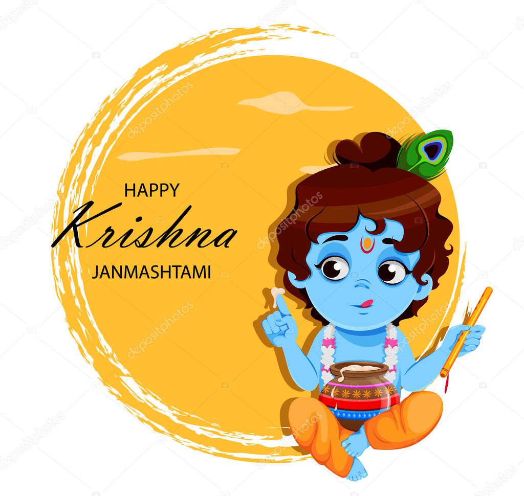 Happy Krishna Janmashtami sale. Little Lord Krishna with flute and pot. Happy Janmashtami festival of India. Vector illustration on abstract yellow background