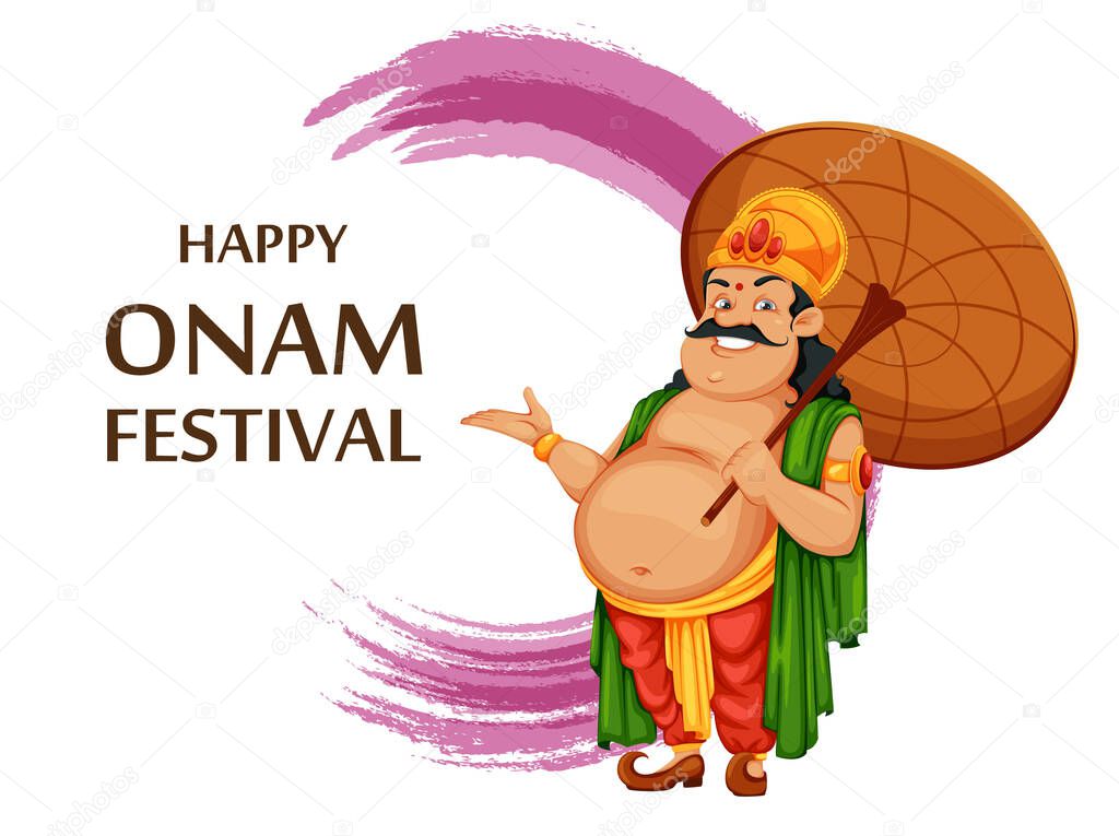 Greeting card for Happy Onam festival in Kerala. Onam celebration, traditional Indian holiday. King Mahabali with umbrella. Vector illustration
