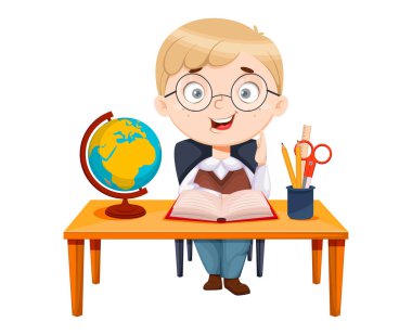 Okula dönelim. Coğrafya dersi sırasında masada oturan tatlı kız öğrenci. Komik kız çizgi film karakteri. Vektör illüstrasyonu