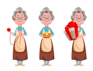 Mutlu büyükanne ve babalar günü, üç poz. Şirin gülümseyen yaşlı kadın. Neşeli büyükanne çizgi film karakteri. Beyaz arkaplanda vektör illüstrasyonu