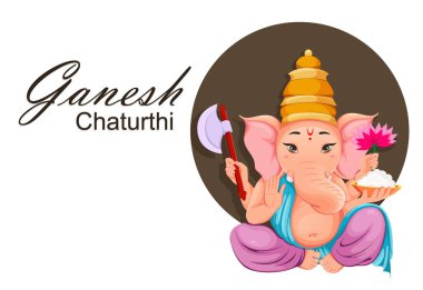 Tanrı Ganesha. Ganesha Chaturthi bayramı için geleneksel Hint kıyafetleri içinde Ganpati idolü olan tebrik kartı. Vektör illüstrasyonu