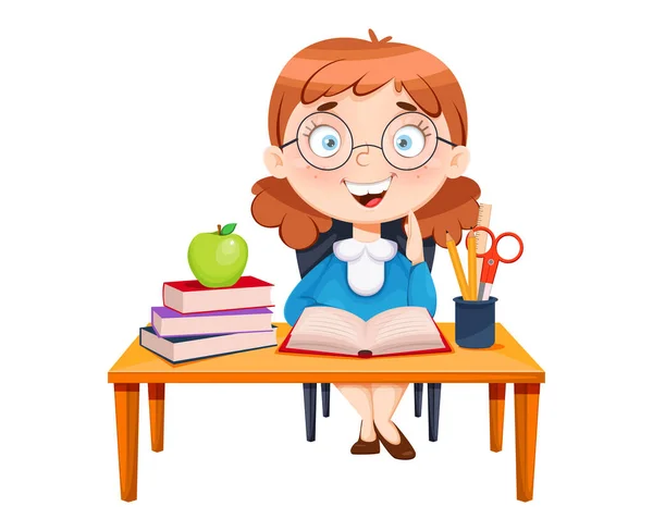 Back School Cute Schoolgirl Sitting Desk Funny Girl Cartoon Character — Stock Vector