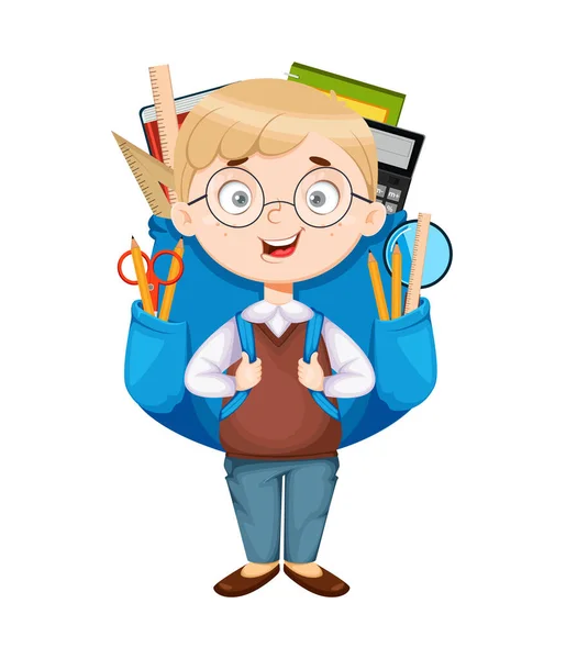 Vuelta Escuela Lindo Colegial Con Gran Mochila Chico Gracioso Personaje — Vector de stock