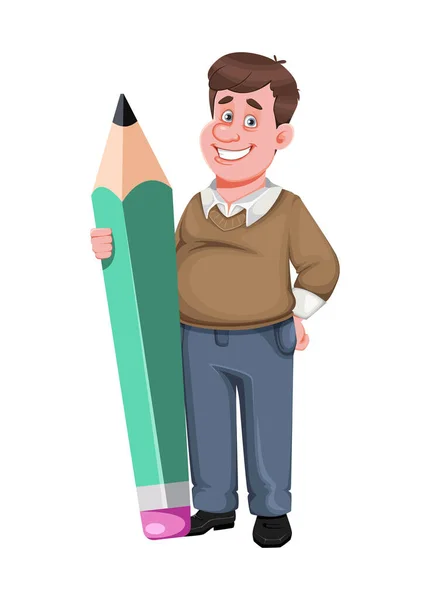 Volta Escola Professor Alegre Tem Lápis Grande Bonito Personagem Desenho —  Vetores de Stock
