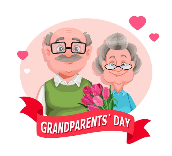 幸せな祖父母の日の挨拶カード 陽気な祖母と祖父の漫画のキャラクター おばあちゃんとおじいちゃんが一緒に立っている ベクターイラスト — ストックベクタ