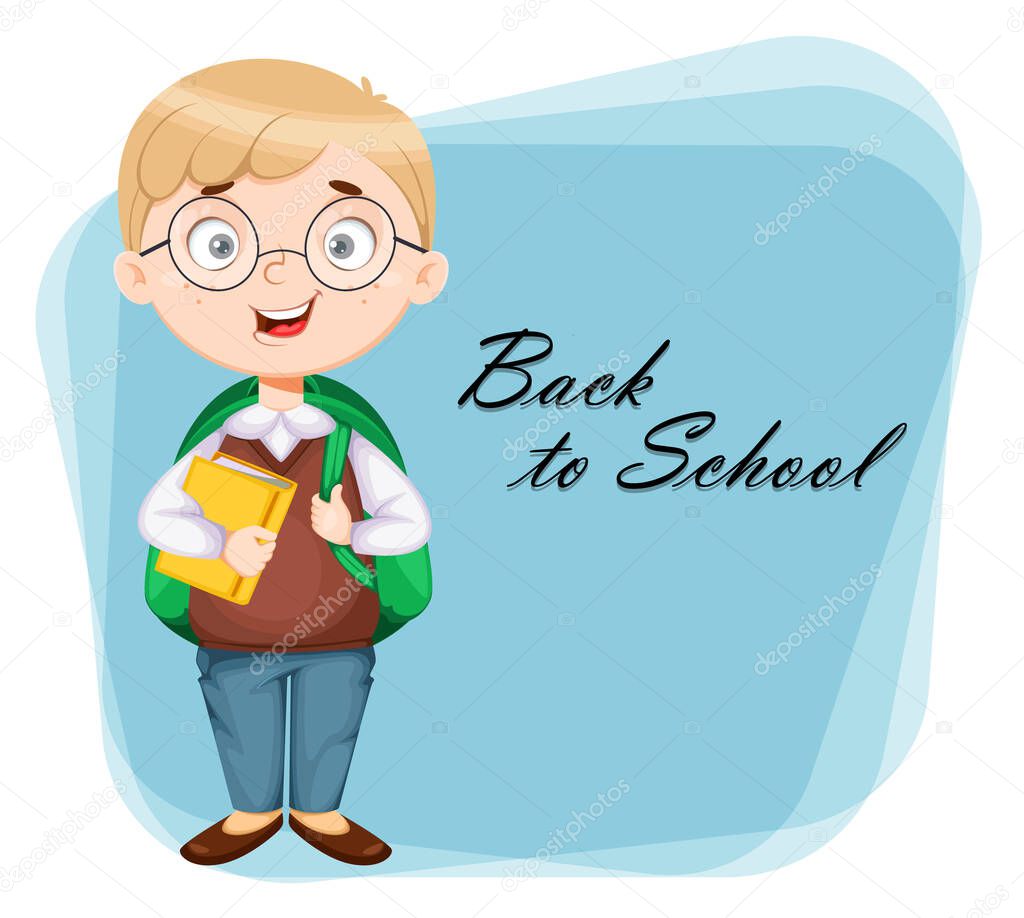Back to school greeting card. Cute schoolboy with backpack and book. Funny boy cartoon character. Vector illustration