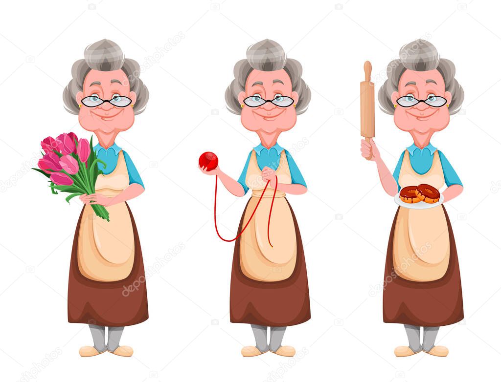 Happy Grandparents day, set of three poses. Cute smiling old woman. Cheerful grandmother cartoon character holding flowers, holding a ball of yarn and holding doughnuts. Vector illustration