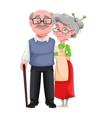 Büyükanne ve büyükbaba günün kutlu olsun. Neşeli büyükanne ve büyükbaba çizgi film karakterleri. Büyükannem ve büyükbabam birlikte duruyorlar. Beyaz arkaplanda vektör illüstrasyonu