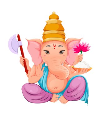 Tanrı Ganesha. Ganesha Chaturthi bayramı için geleneksel Hint kıyafetleri içinde Ganpati putu. Vektör illüstrasyonu beyazda izole edildi