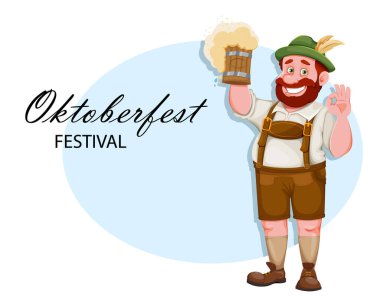 Oktoberfest tebrik kartı. Bavyera kıyafetli adam, komik çizgi film karakteri. Münih bira festivali Ekim Festivali. Vektör illüstrasyonu