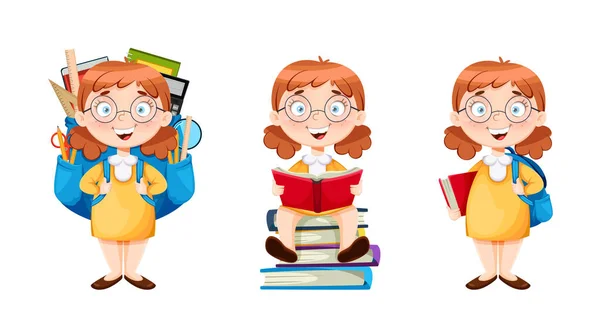 Vuelta Escuela Linda Colegiala Conjunto Tres Poses Divertido Personaje Dibujos — Vector de stock